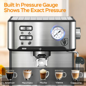 20 bar stainless espresso machine with pressure gauge pulling two espressos