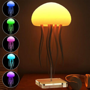 Sound-reactive jellyfish LED mood lamp glowing green on desk