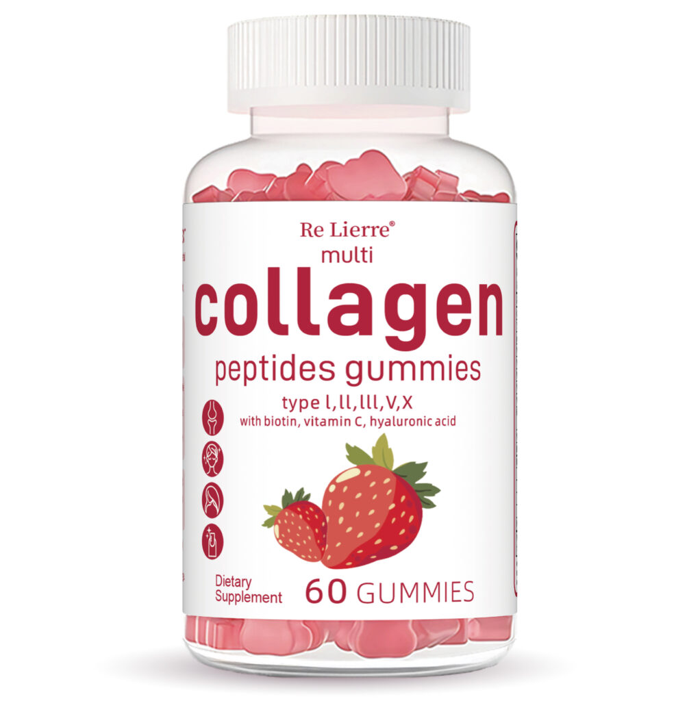 Bottle of multi collagen peptide gummies with strawberry flavor